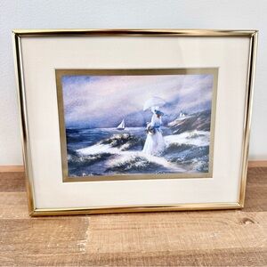 Vintage Framed Matted Print of Lady by a Lake Sailboat Gold Frame Parasol 8 X 10